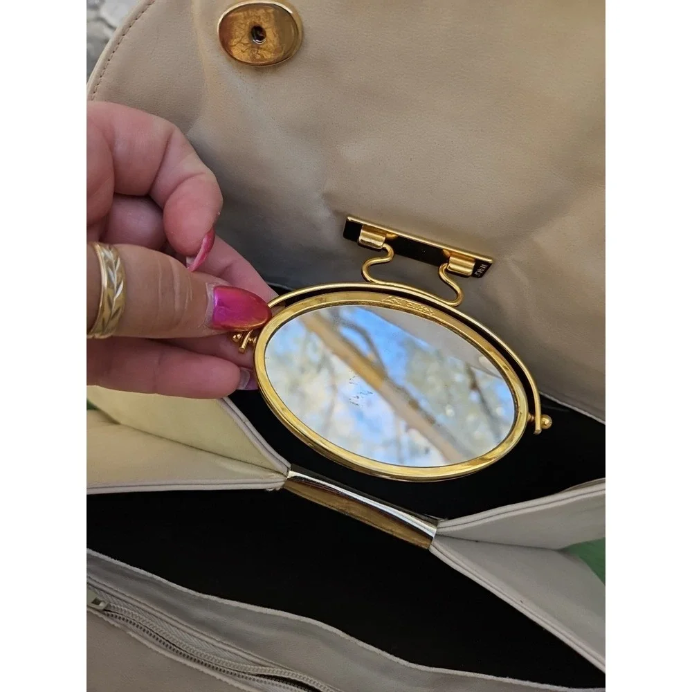 Lou Taylor Purse Italy Leather HORSE BIT Swivel Mirror Miami Vintage Cream Ivory